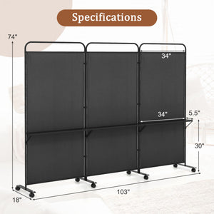 3-Panel Folding Room Divider with 3 Metal Shelves and Lockable Wheels-Black