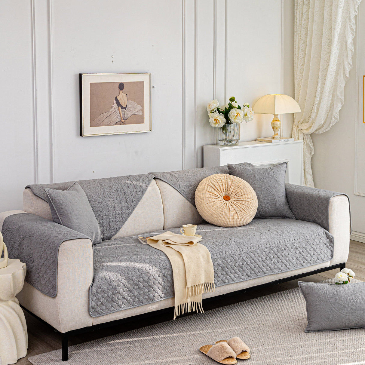 Cotton Quilted Sofa Cover, Non-Slip Couch Protector Fits Backrest, Seat & Armrest