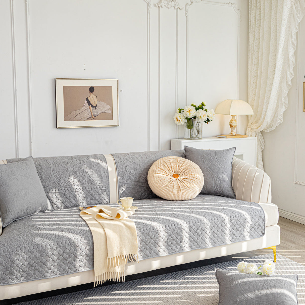 Cotton Quilted Sofa Cover, Non-Slip Couch Protector Fits Backrest, Seat & Armrest