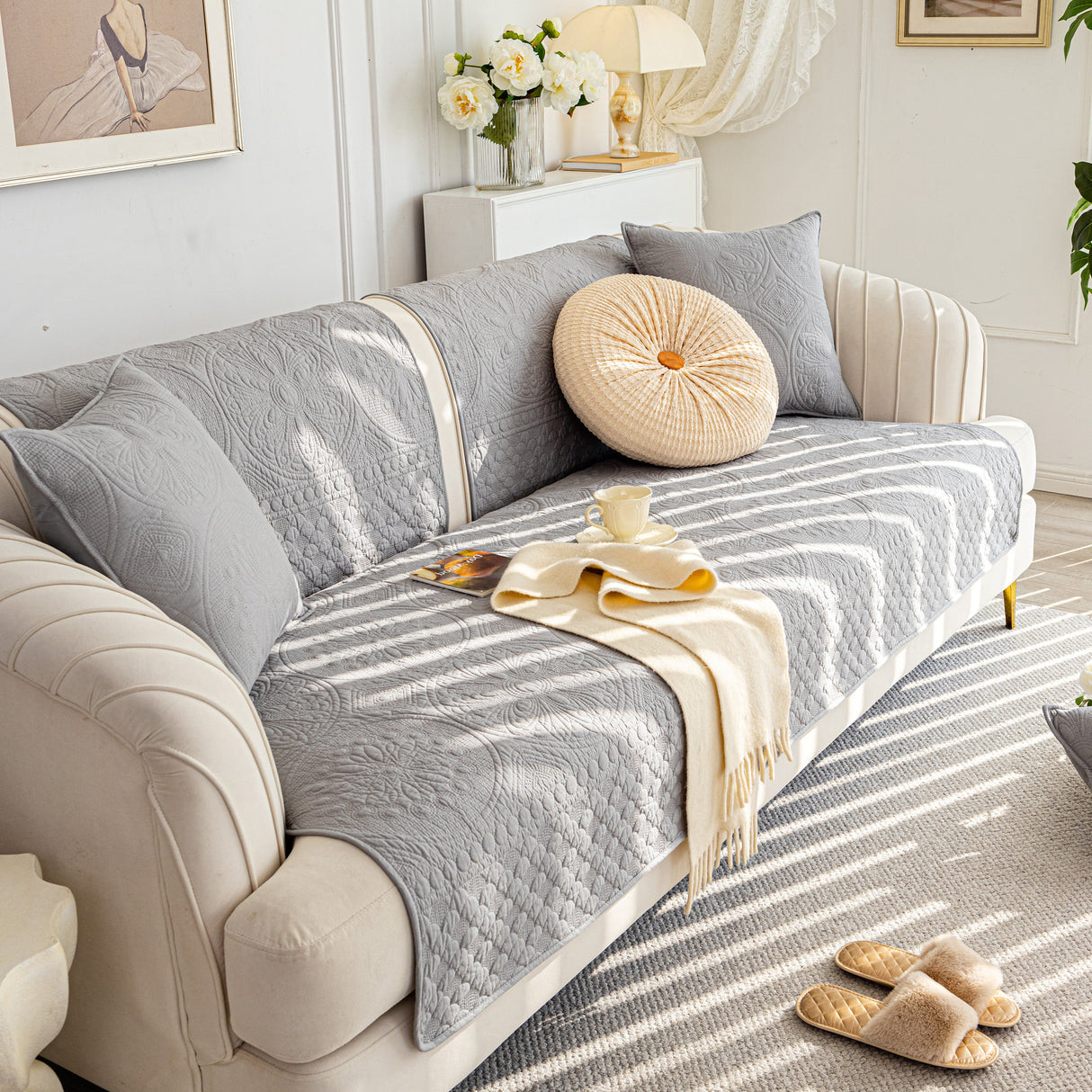 Cotton Quilted Sofa Cover, Non-Slip Couch Protector Fits Backrest, Seat & Armrest