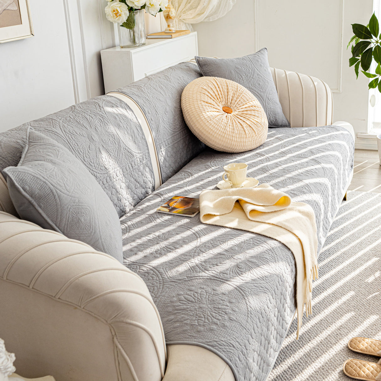 Cotton Quilted Sofa Cover, Non-Slip Couch Protector Fits Backrest, Seat & Armrest