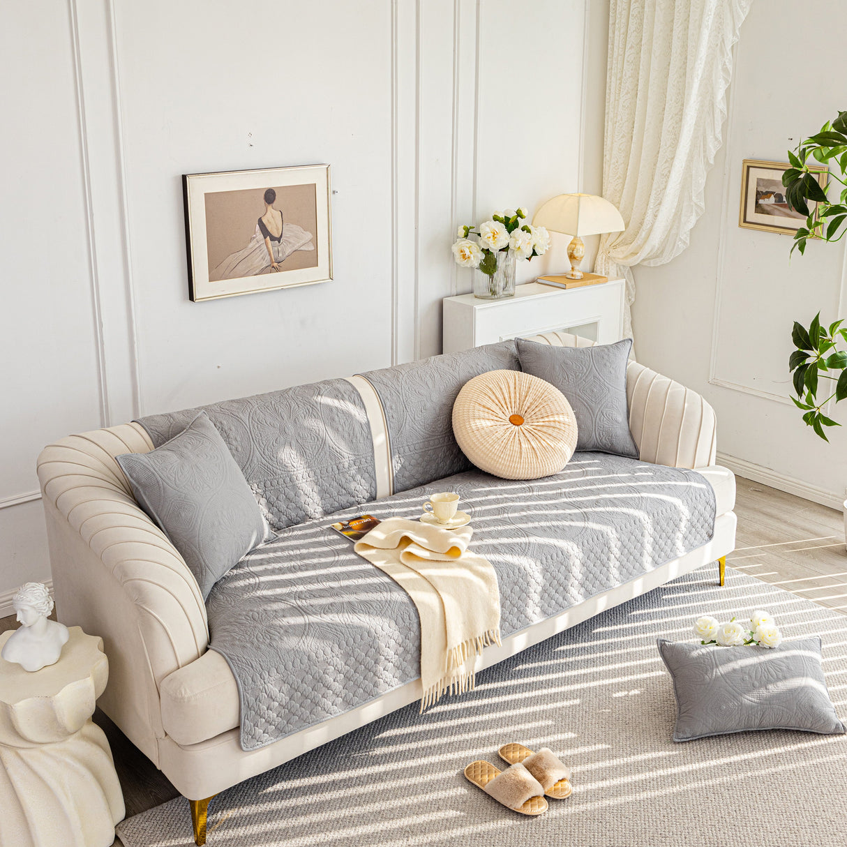 Cotton Quilted Sofa Cover, Non-Slip Couch Protector Fits Backrest, Seat & Armrest