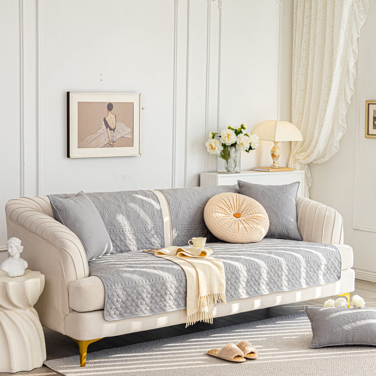 Cotton Quilted Sofa Cover, Non-Slip Couch Protector Fits Backrest, Seat & Armrest