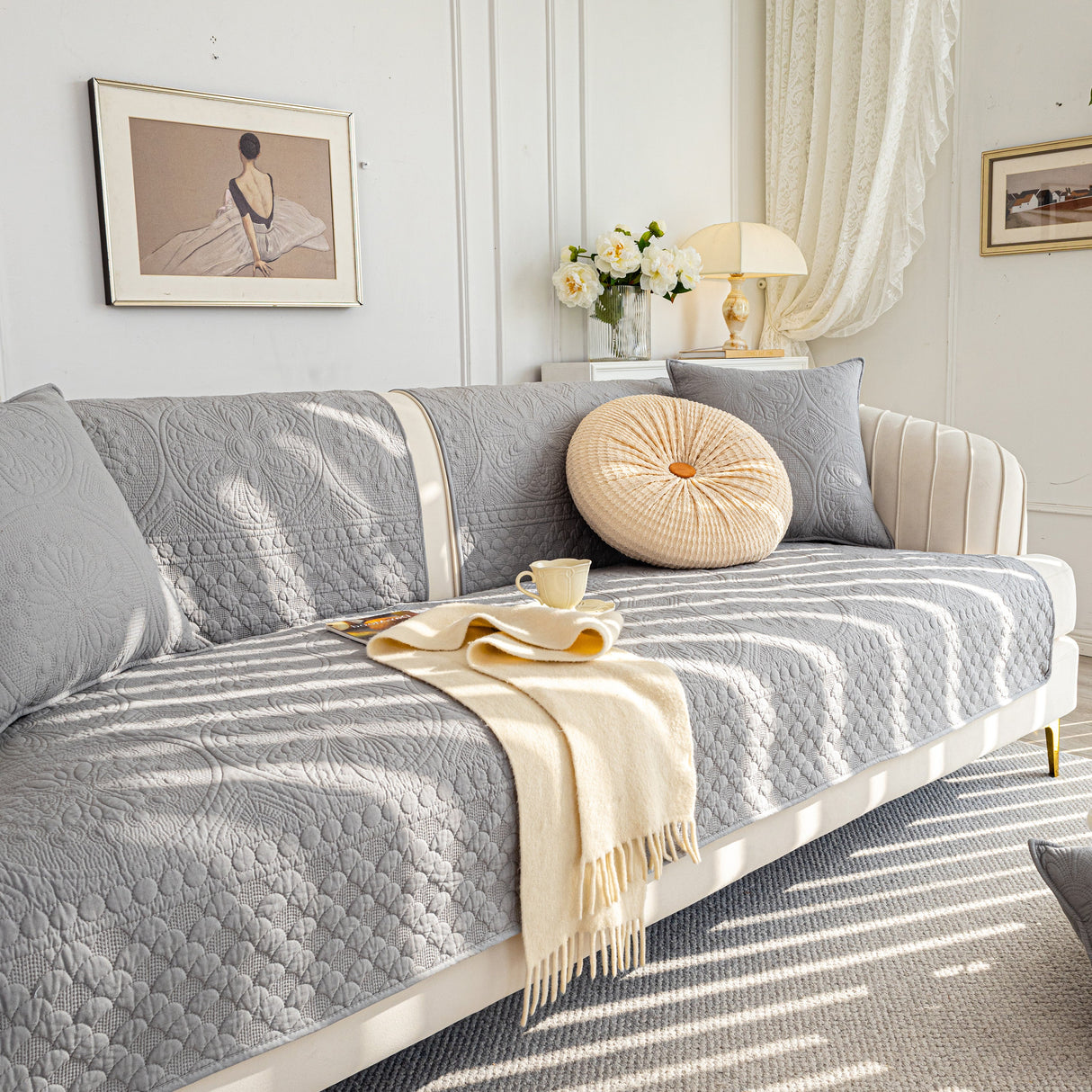 Cotton Quilted Sofa Cover, Non-Slip Couch Protector Fits Backrest, Seat & Armrest