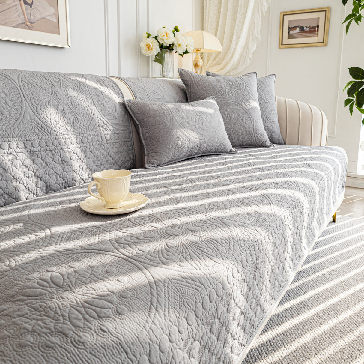 Cotton Quilted Sofa Cover, Non-Slip Couch Protector Fits Backrest, Seat & Armrest