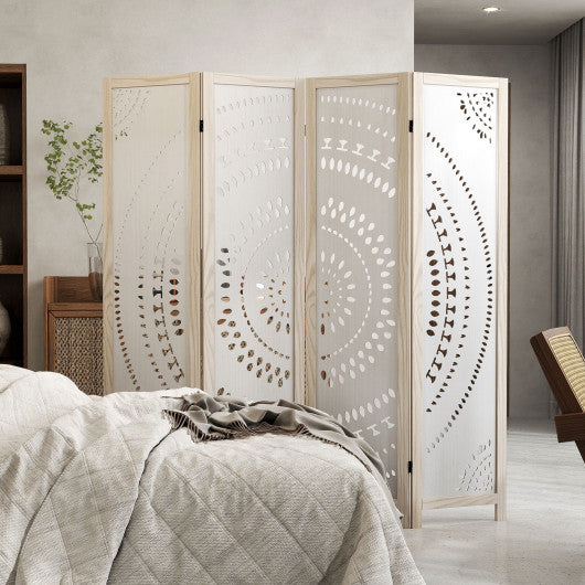 66 Inch Boho 4-Panel Room Divider Privacy Screen with Carved Pattern