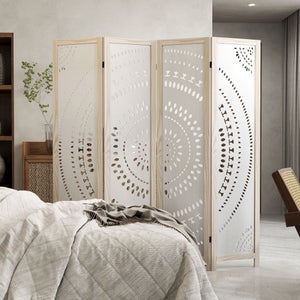 66 Inch Boho 4-Panel Room Divider Privacy Screen with Carved Pattern
