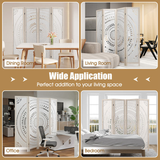 66 Inch Boho 4-Panel Room Divider Privacy Screen with Carved Pattern