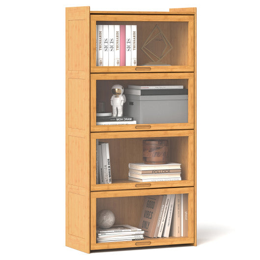 4-Tier Bamboo Bookcase with Doors for Study Room Living Room-Natural