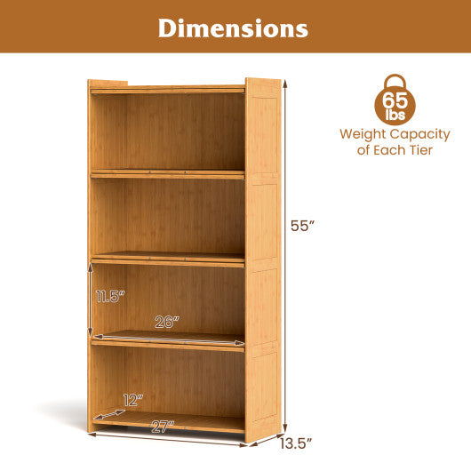 4-Tier Bamboo Bookcase with Doors for Study Room Living Room-Natural