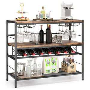 41 Inch 4-Tier Bar Table with Wine Rack and 4 Rows of Glass Holders-Rustic Brown