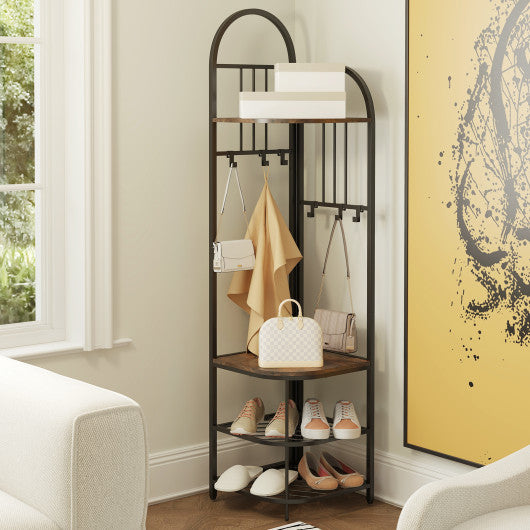 4-Tier Coat Rack Corner Hall Tree with Shoe Storage Bench-Rustic Brown