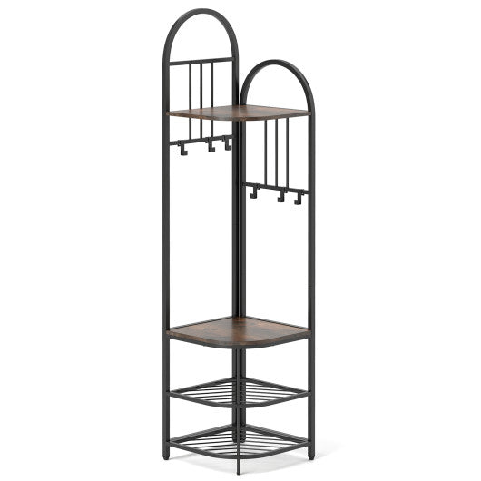 4-Tier Coat Rack Corner Hall Tree with Shoe Storage Bench-Rustic Brown
