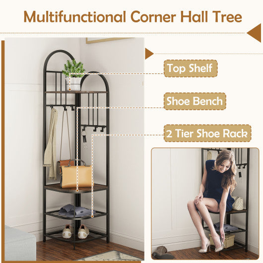 4-Tier Coat Rack Corner Hall Tree with Shoe Storage Bench-Rustic Brown