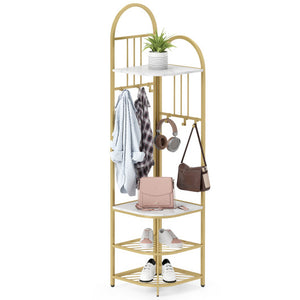 4-Tier Coat Rack Corner Hall Tree with Shoe Storage Bench-White