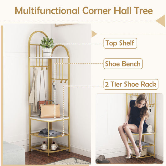 4-Tier Coat Rack Corner Hall Tree with Shoe Storage Bench-White