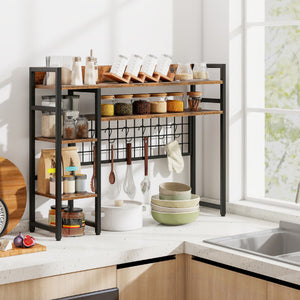 4-Tier Desk Shelf Desktop Display Rack with Metal Grid Panel and 6 Hooks-Rustic Brown