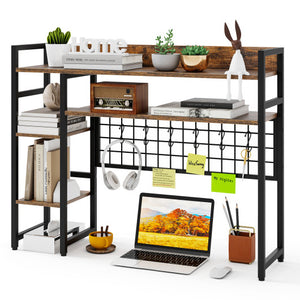 4-Tier Desk Shelf Desktop Display Rack with Metal Grid Panel and 6 Hooks-Rustic Brown