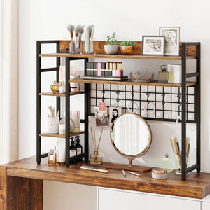 4-Tier Desk Shelf Desktop Display Rack with Metal Grid Panel and 6 Hooks-Rustic Brown