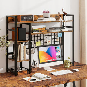 4-Tier Desk Shelf Desktop Display Rack with Metal Grid Panel and 6 Hooks-Black