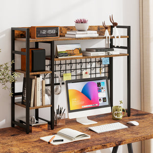 4-Tier Desk Shelf Desktop Display Rack with Metal Grid Panel and 6 Hooks-Rustic Brown