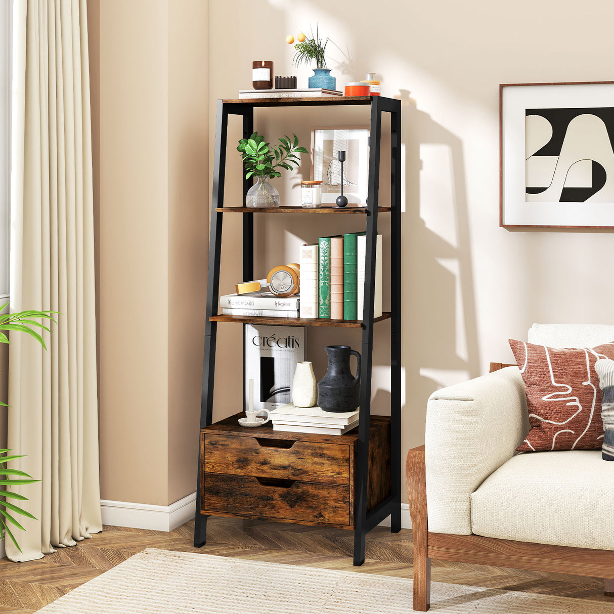 4-Tier Ladder Shelf with 2 Drawers 52.5 Inch Tall Freestanding Bookcase-Rustic Brown