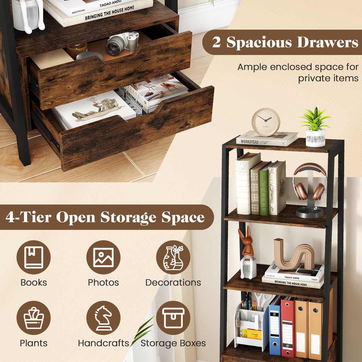 4-Tier Ladder Shelf with 2 Drawers 52.5 Inch Tall Freestanding Bookcase-Rustic Brown