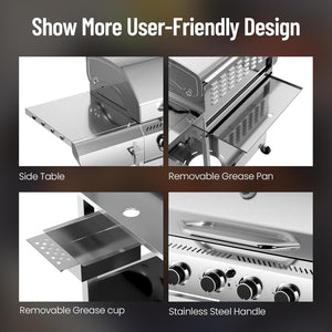 4-Burner BBQ Propane Gas Grill, 42,000 BTU Stainless Steel Barbecue Propane Grill with Side Burner G0141B