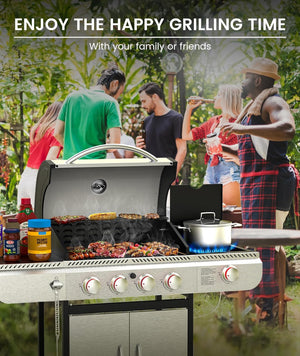3 & 4-Burner Propane Gas Grills with Side Burners, for Outdoor Cooking, BBQ, Patio, Camping