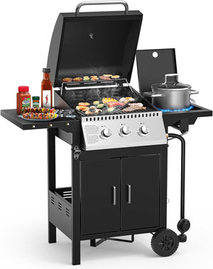 3 & 4-Burner Propane Gas Grills with Side Burners, for Outdoor Cooking, BBQ, Patio, Camping