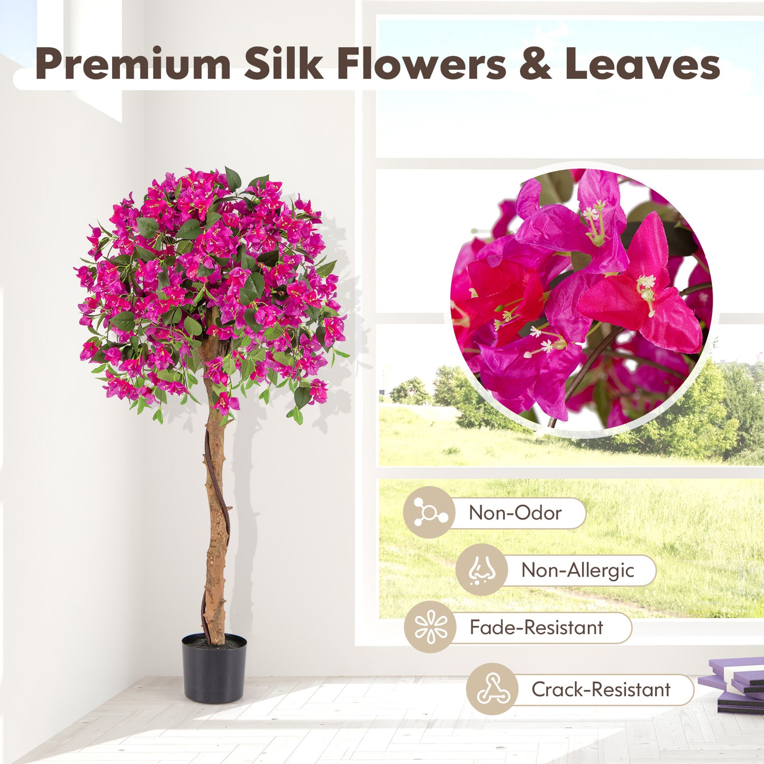 4.5 Feet Artificial Azalea Tree with Cement Pot-Red
