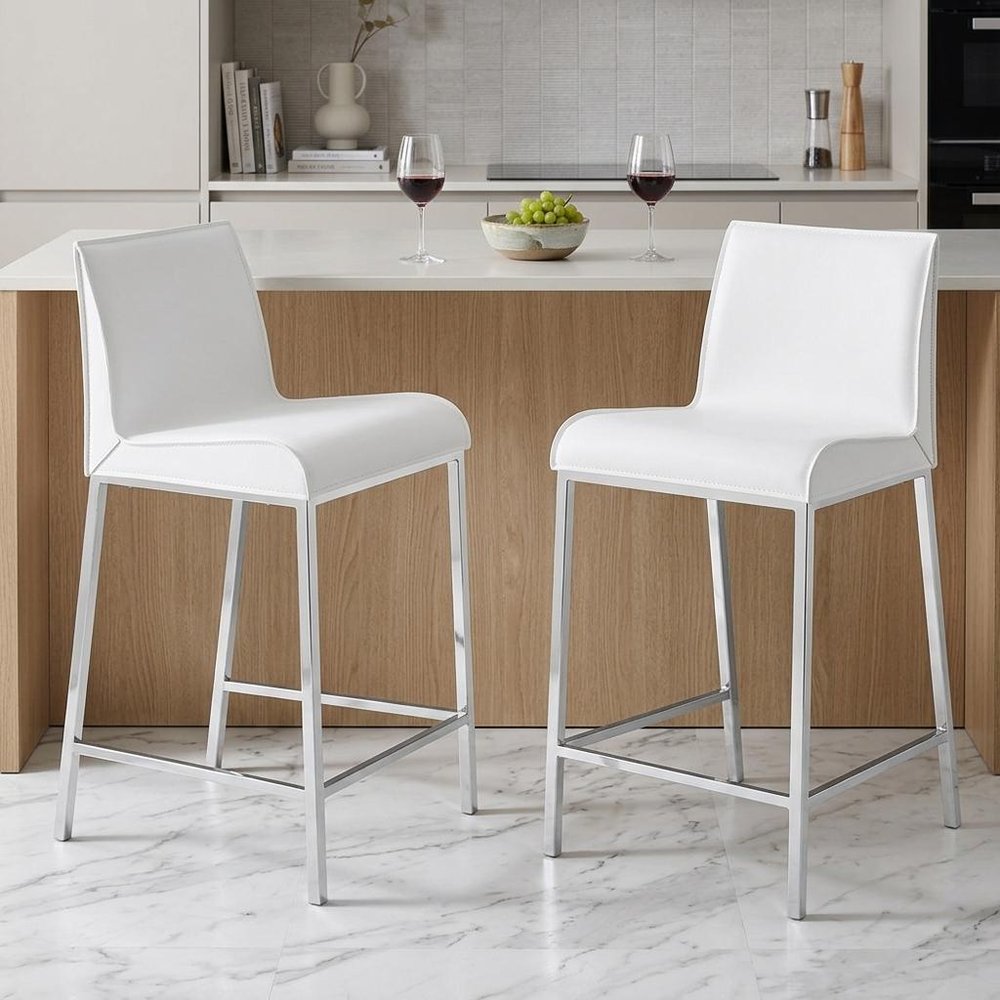 Set of Two 24" White And Silver Steel Low Back Counter Height Bar Chairs