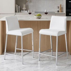 Set of Two 24" White And Silver Steel Low Back Counter Height Bar Chairs