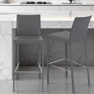 Set of Two 30" Gray Faux Leather and Steel Bar Height Bar Chairs