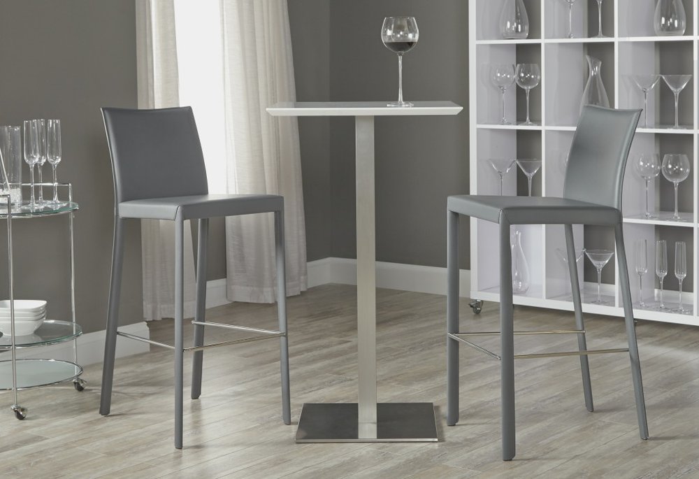 Set of Two 30" Gray Faux Leather and Steel Bar Height Bar Chairs