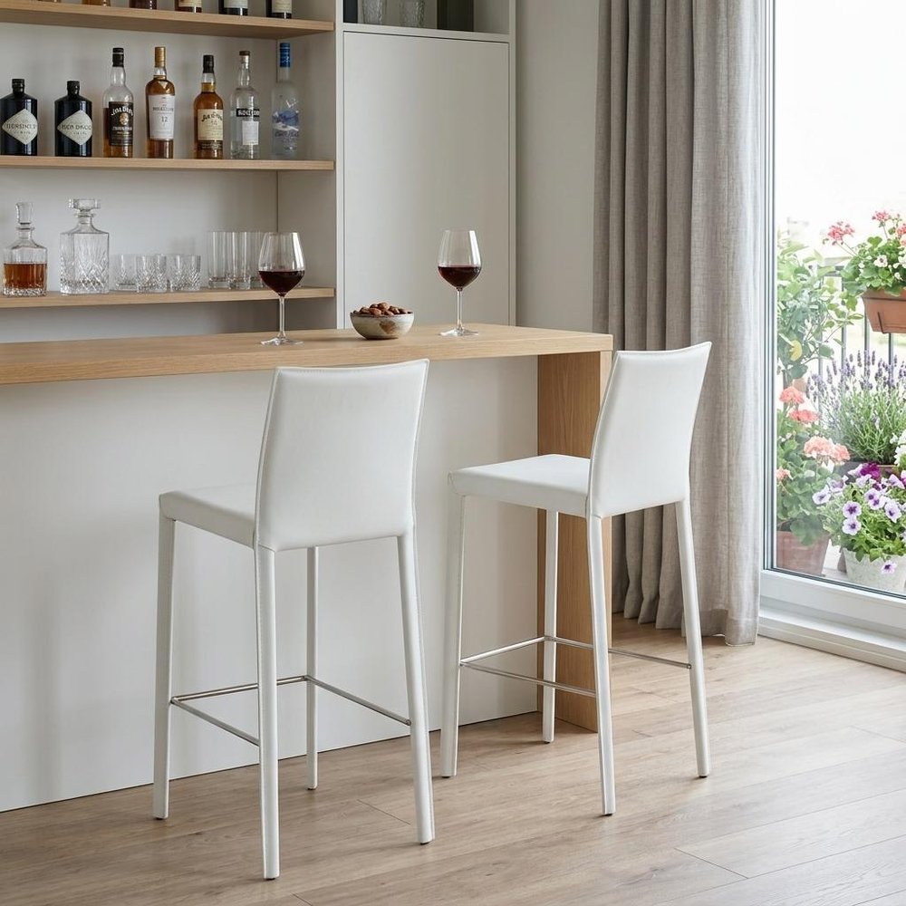 Set of Two 30" White Steel Low Back Bar Height Bar Chairs