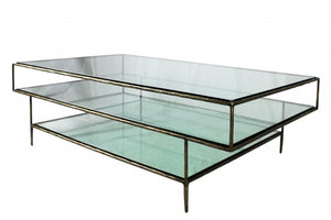 54" Clear and Brass Glass and Iron Coffee Table