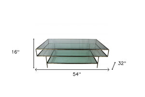 54" Clear and Brass Glass and Iron Coffee Table