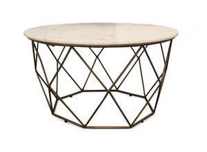 32" Ivory and Brass Genuine Marble and Metal Round Frame Coffee Table