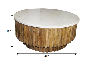 42" Ivory and Natural Genuine Marble and Solid Wood Round Solid Coffee Table