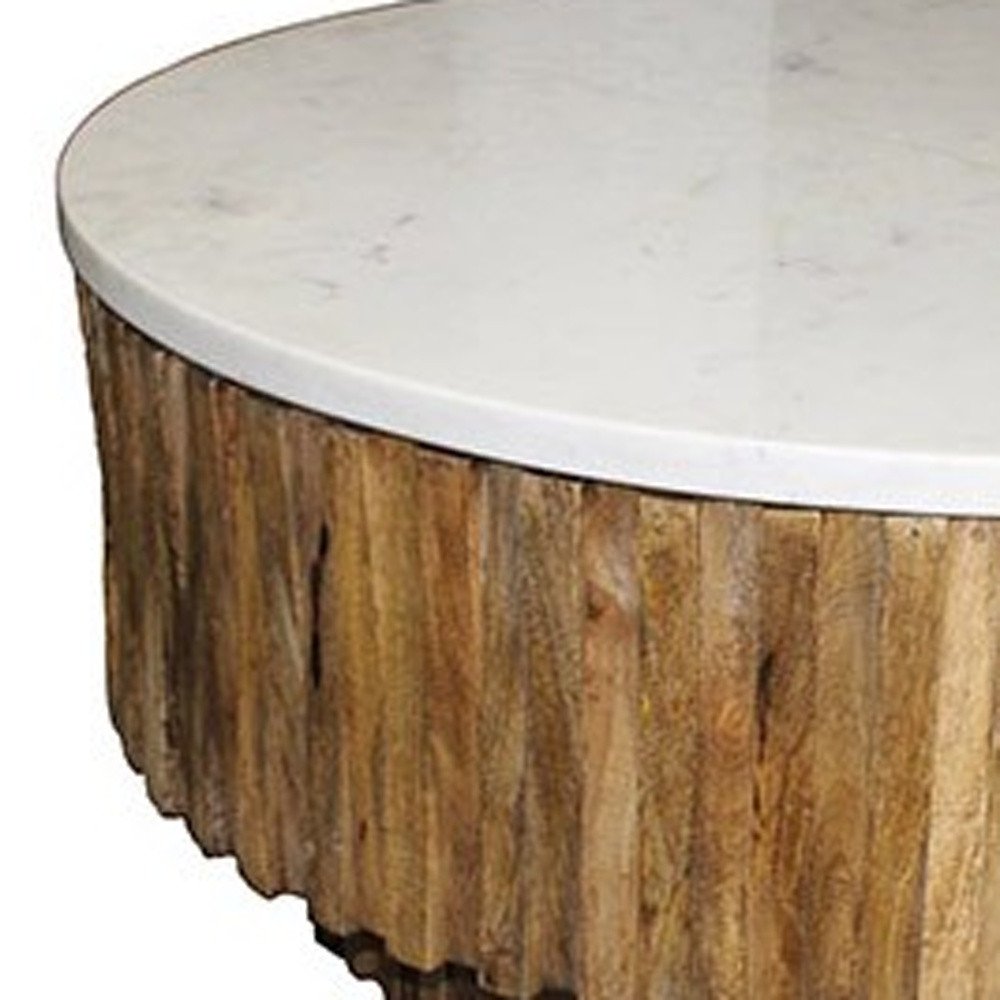 42" Ivory and Natural Genuine Marble and Solid Wood Round Solid Coffee Table