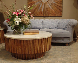 42" Ivory and Natural Genuine Marble and Solid Wood Round Solid Coffee Table