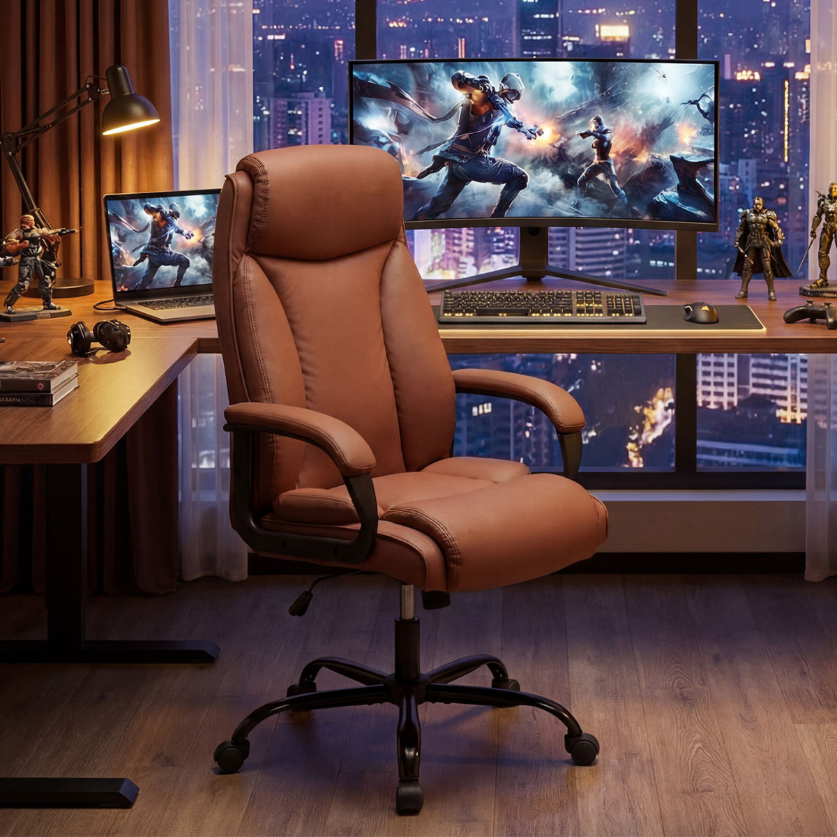 400LBS Big and Tall Chair High Back Executive Chair Ergonomic Leather Computer Chair-Brown
