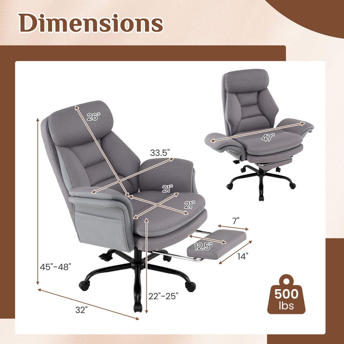 400 LBS Ergonomic Big and Tall Office Chair with Faux Leather-Gray