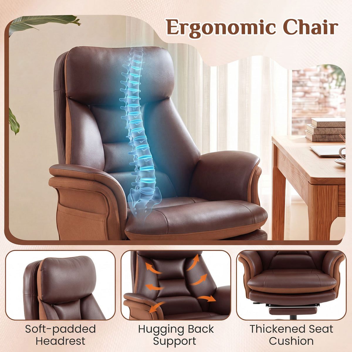 400 LBS Ergonomic Big and Tall Office Chair with Faux Leather-Brown