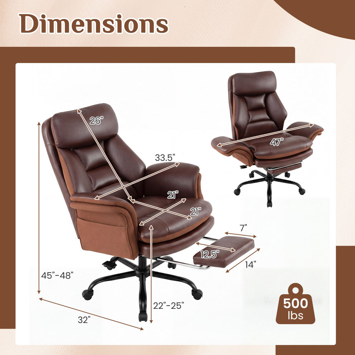 400 LBS Ergonomic Big and Tall Office Chair with Faux Leather-Brown