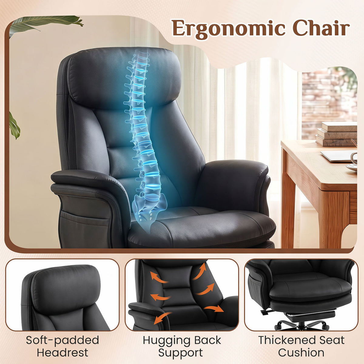 400 LBS Ergonomic Big and Tall Office Chair with Faux Leather-Black