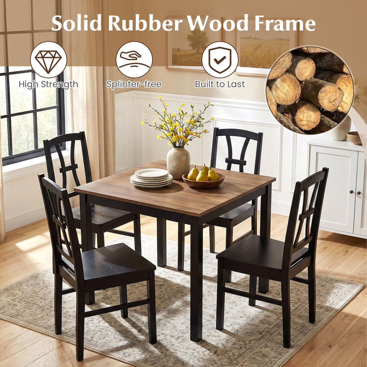 400 lbs Capacity Dining Chair Set of 2 with Cross Backrest and Rubber Wood Frame-Black