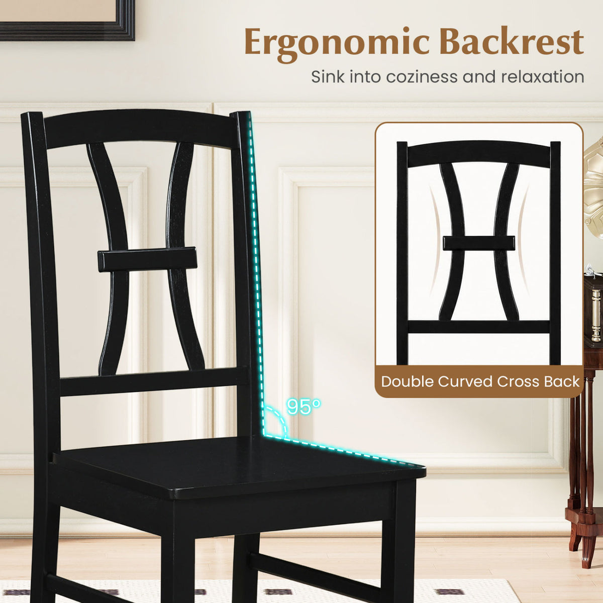 400 lbs Capacity Dining Chair Set of 2 with Cross Backrest and Rubber Wood Frame-Black