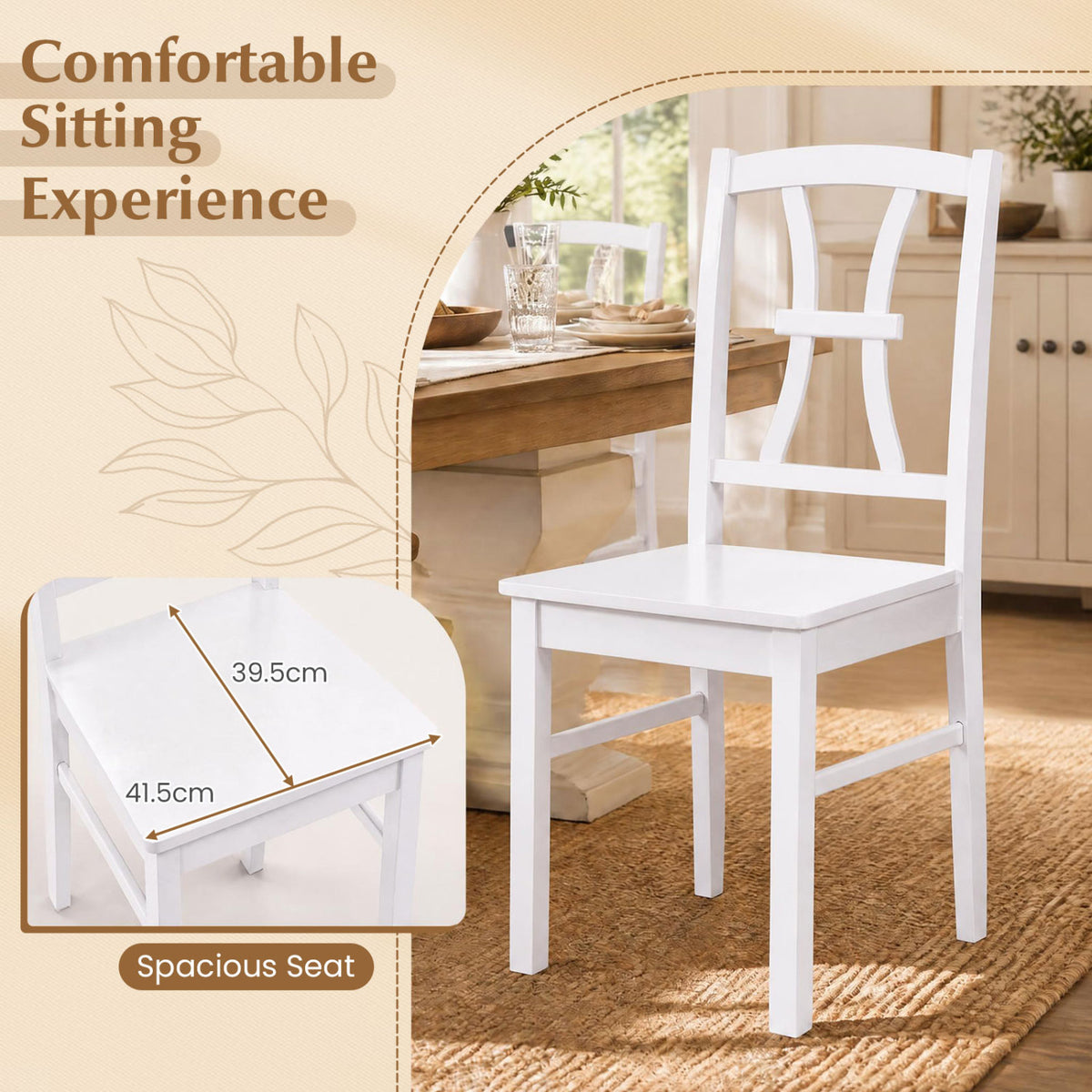 400 lbs Capacity Dining Chair Set of 4 with Cross Backrest and Rubber Wood Frame-White